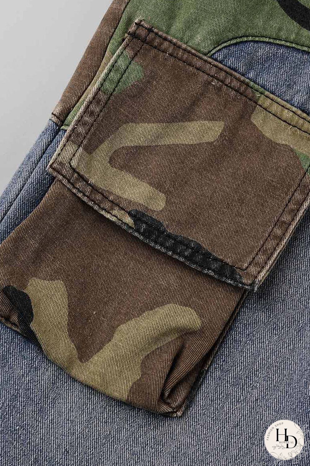 Blue Street Print Camouflage Print Patchwork High Waist Loose Denim Jeans