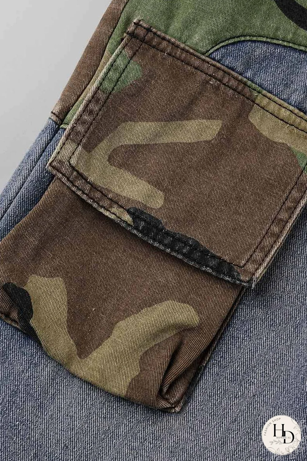 Blue Street Print Camouflage Print Patchwork High Waist Loose Denim Jeans