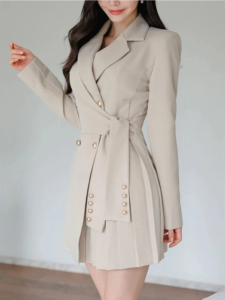 Huiketi Short Blazer Dress For Women Double-breasted Lace-up Slim Mini Dress Vestidos Elegant OL Work Wear Woman Clothing
