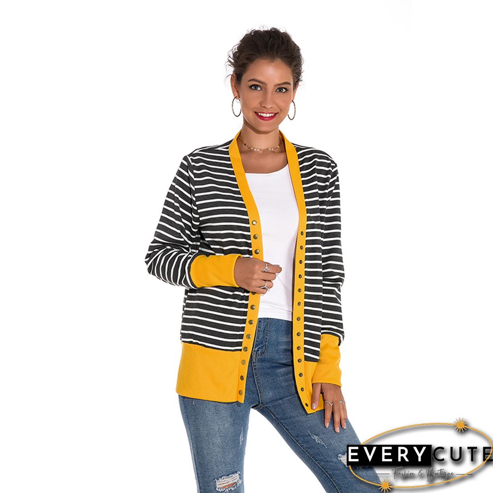 Yellow Hem Black Stripes Button Down Cardigan
