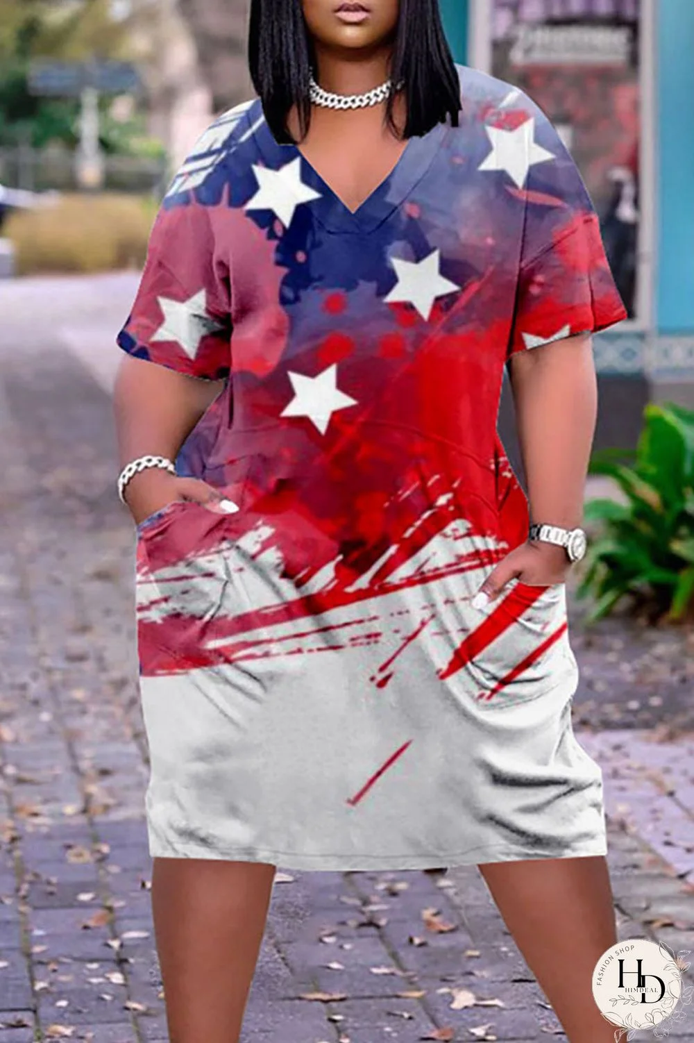 White Blue Red Casual Print Patchwork V Neck Dresses