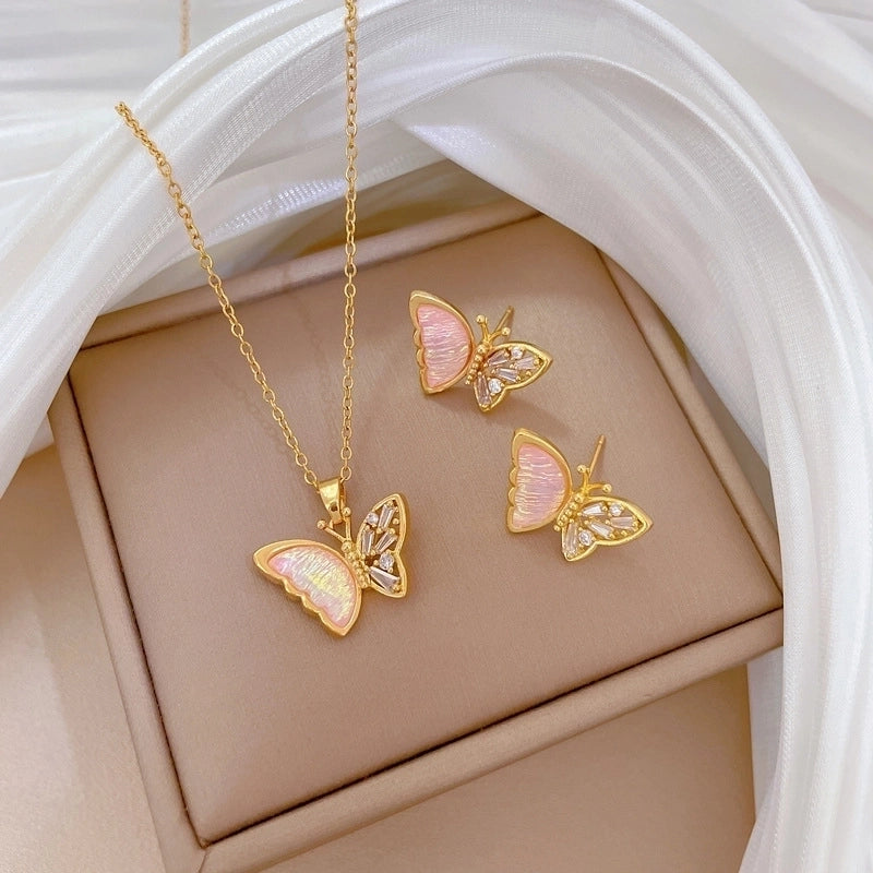 Luxurious Classic Style Artistic Butterfly Titanium Steel Copper Zircon Gold Plated Inlay Jewelry Set