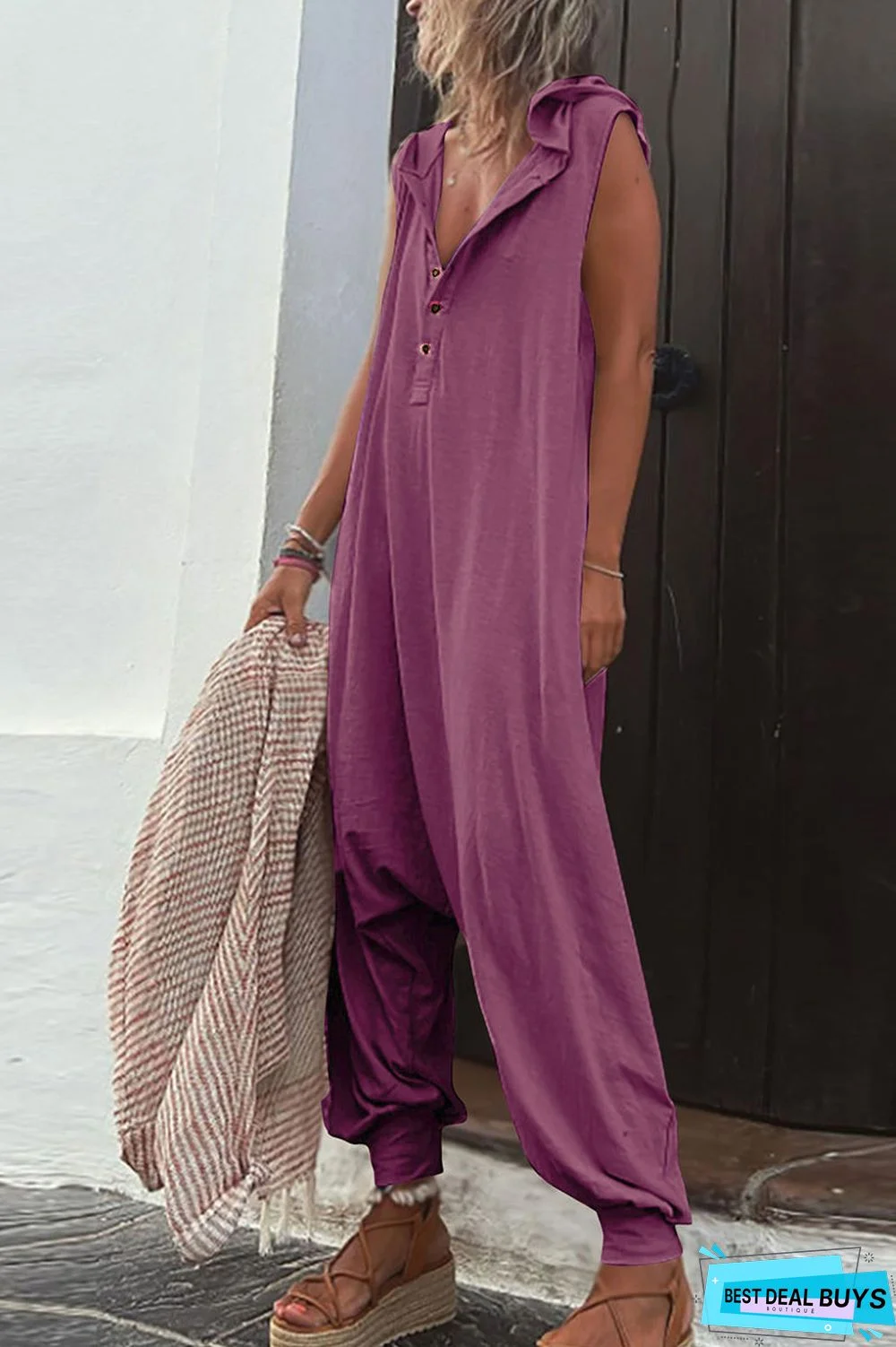 Casual Solid Buckle Hooded Collar Loose Jumpsuits(10 Colors)