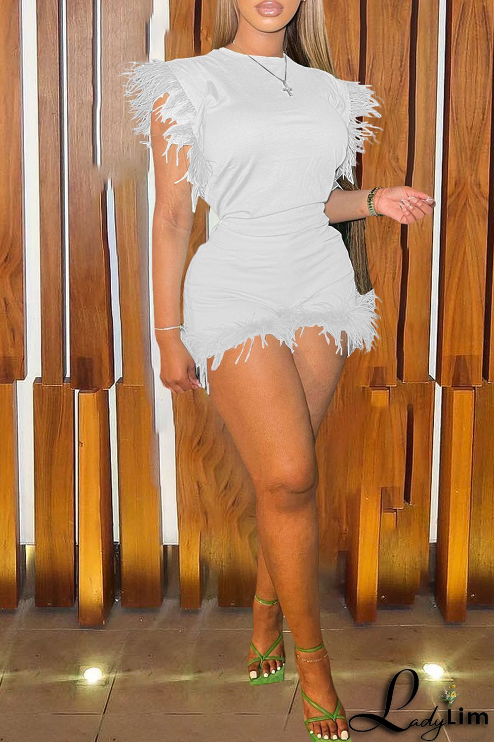 Cyan Fashion Casual Solid Patchwork Feathers O Neck Sleeveless Two Pieces