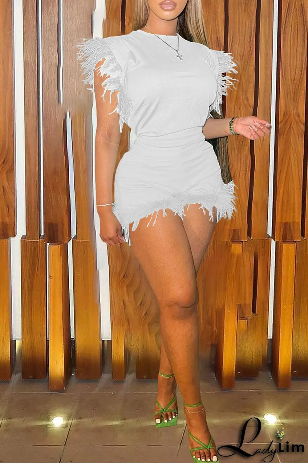 Cyan Fashion Casual Solid Patchwork Feathers O Neck Sleeveless Two Pieces