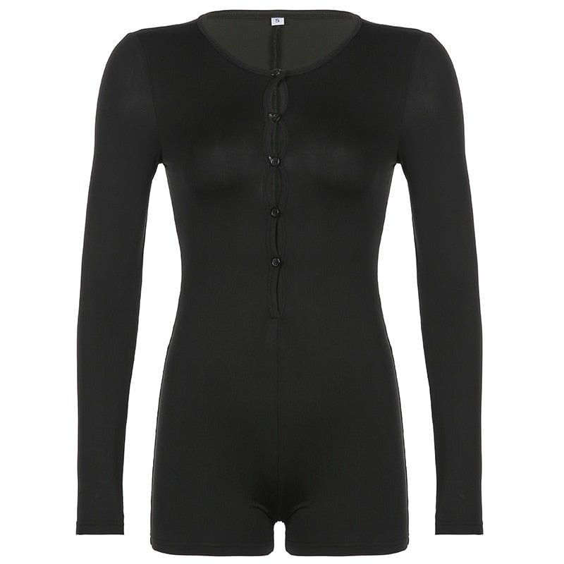 Rapcopter Black Button Playsuits Long Sleeve V Neck Sexy Bodysuits Overalls Biker Lounge Skinny Jumpsuits Autumn Casual Women