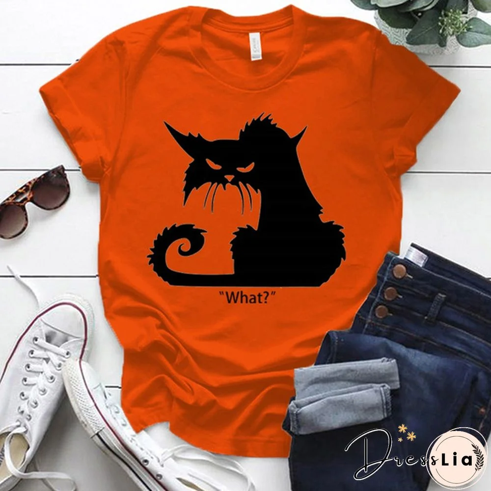 Women's Fashion Printed Cat What Print T-shirts Summer Casual Loose Round Neck Creative Personalized T-shirts