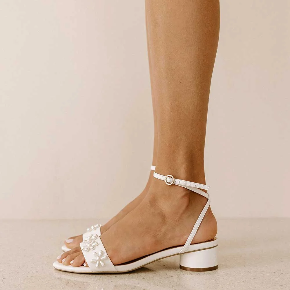 Ivory Vegan Leather Opened Toe Floral Pearls Inlay Ankle Strappy Sandals With Chunky Heel Nicepairs