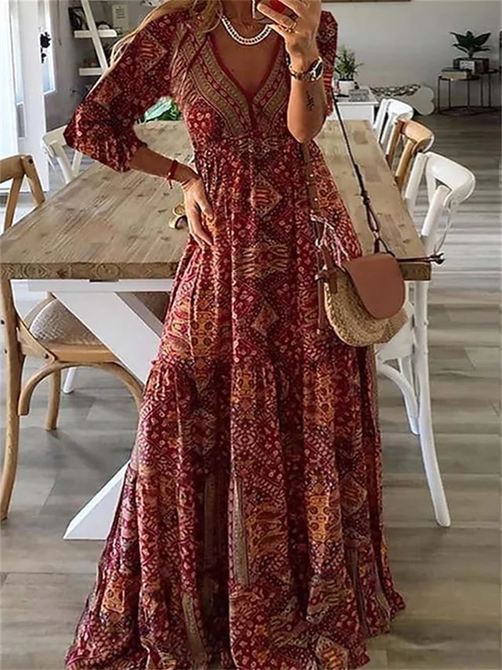Women's A Line Dress Maxi long Dress Red 3/4 Length Sleeve Print Print Fall Winter V Neck Casual 2022 3XL