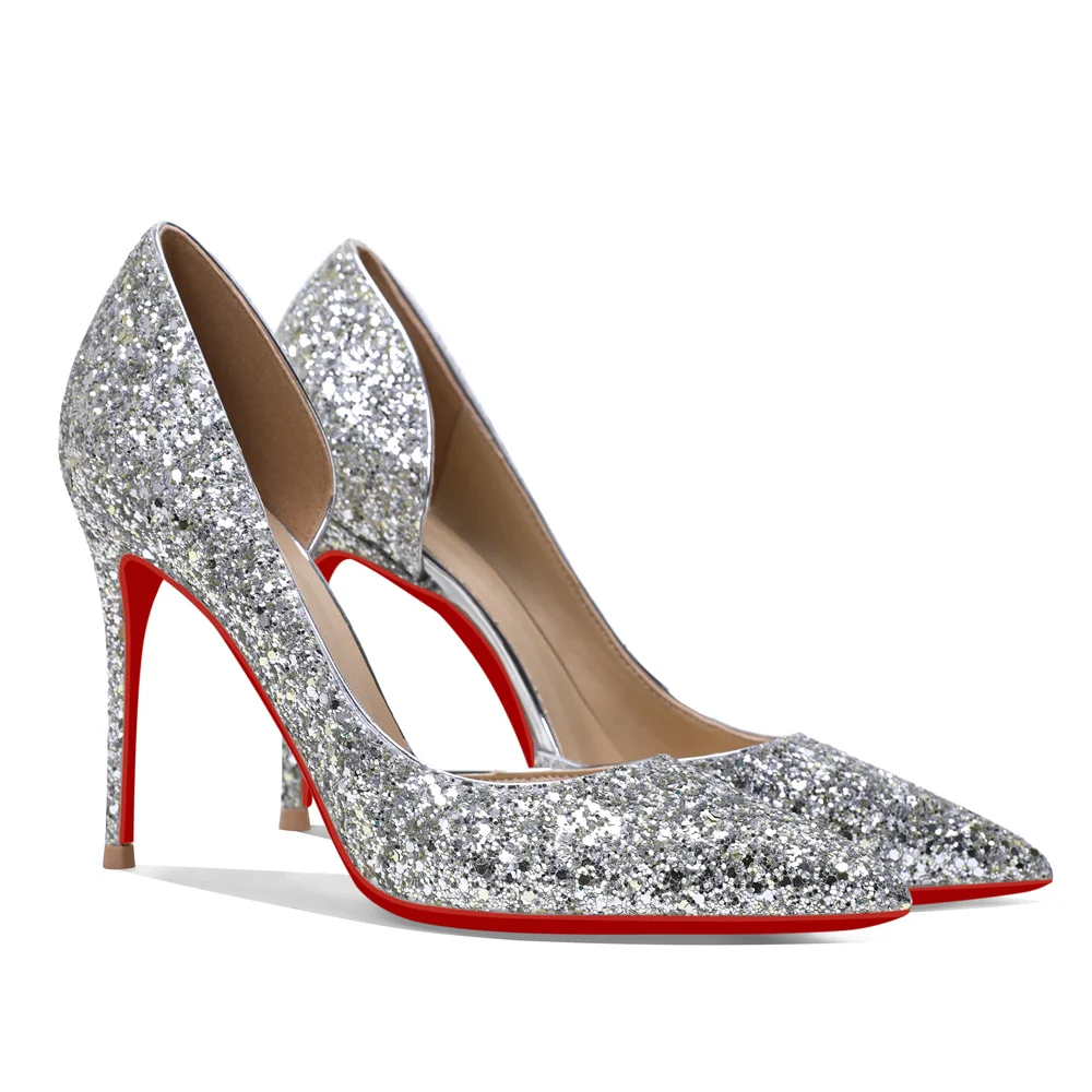 100mm Women's Pointed Toe Red Bottom Shiny Party Daily Wedding Pumps-MERUMOTE