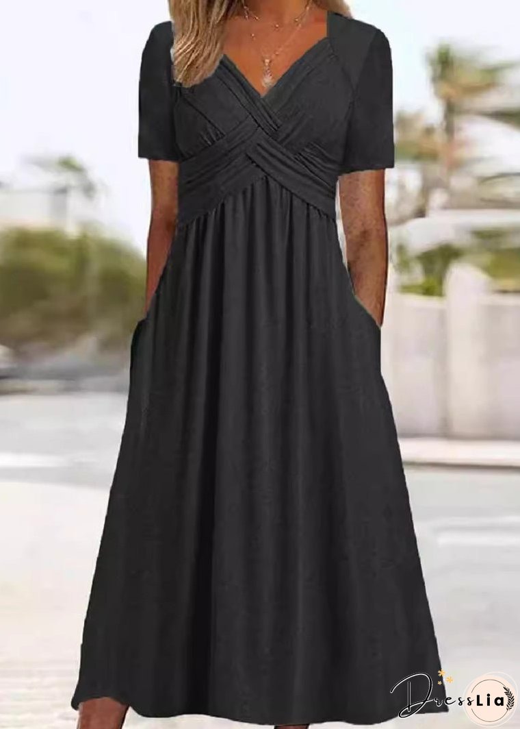 New Green V Neck Pockets Solid Cotton Long Dress Summer