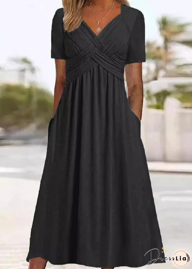 New Green V Neck Pockets Solid Cotton Long Dress Summer