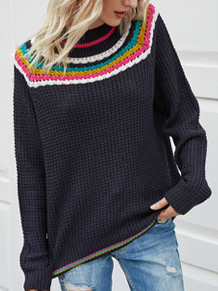 Striped Knitting O-neck Long Sleeve Casual Sweater - BlackFridayBuys