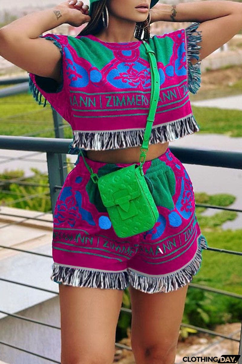 Casual Print Tassel Patchwork O Neck Short Sleeve Two Pieces