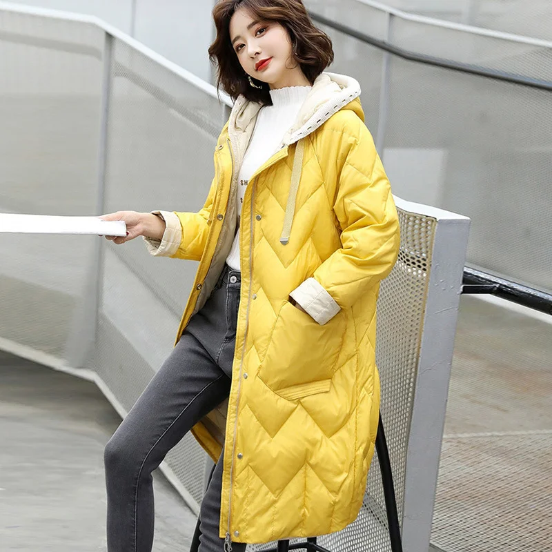 Woherb Autumn Winter New Korean Version Knitting Wool Hooded Down Jacket Female Long Loose Warm Fashion Coat Tide-Outfit Ideas