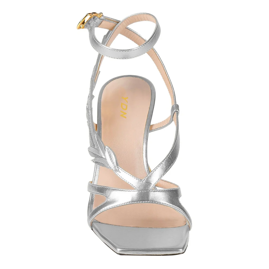 Silver Sculptural Heel Cross Ankle Strap Rhinestone Women's Sandals