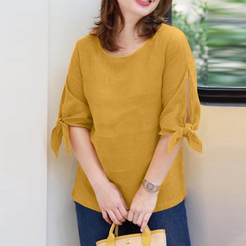 Elegant Summer OL Work Blouse Women Half Sleeve Tops Tunic Casual O Neck Holiday Blusas ZANZEA Lace Up Party Shirt Mujer