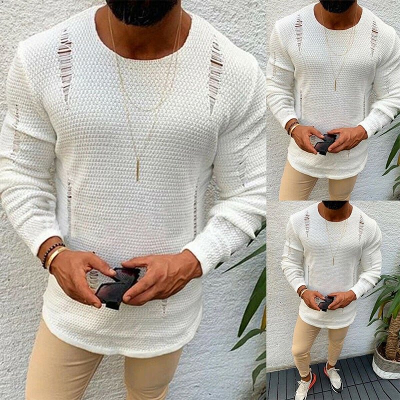 Solid Round Neck Men's Sweater with Holes