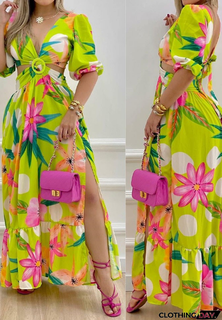 Temperament Printed Long Sleeve V-Neck Backless Dress