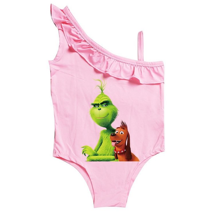 Mayoulove The Grinch Dog Print Little Girls Ruffle Shoulder One Piece Swimwear-Mayoulove