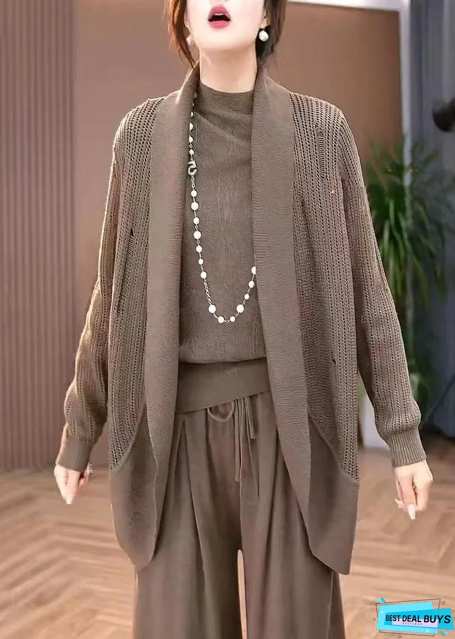 Vintage Coffee Hollow Out Solid Knit Cardigans Winter