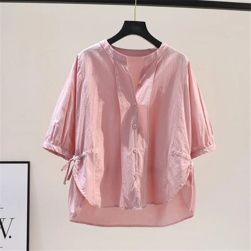 Thin Cotton Shirt Women's Bloouses Loose Summer Top Women Side Slit Shirt Lace Up Casual Blusas Button Half Sleeve Female Shirt
