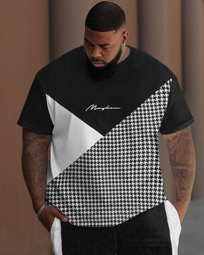 Men's Big & Tall Casual Colorblock Houndstooth Printed T-Shirt Pants Set