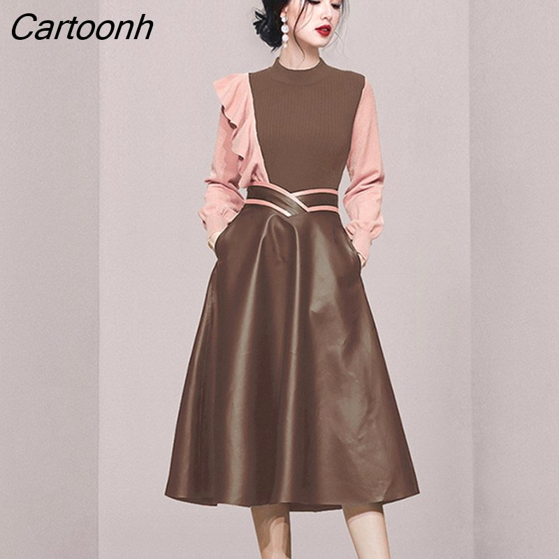 Cartoonh Autumn Winter Women's New Fashion Temperament Contrast Knitwear RuffleTop Two-Piece Sets Brown Leather Long Skirt Suit