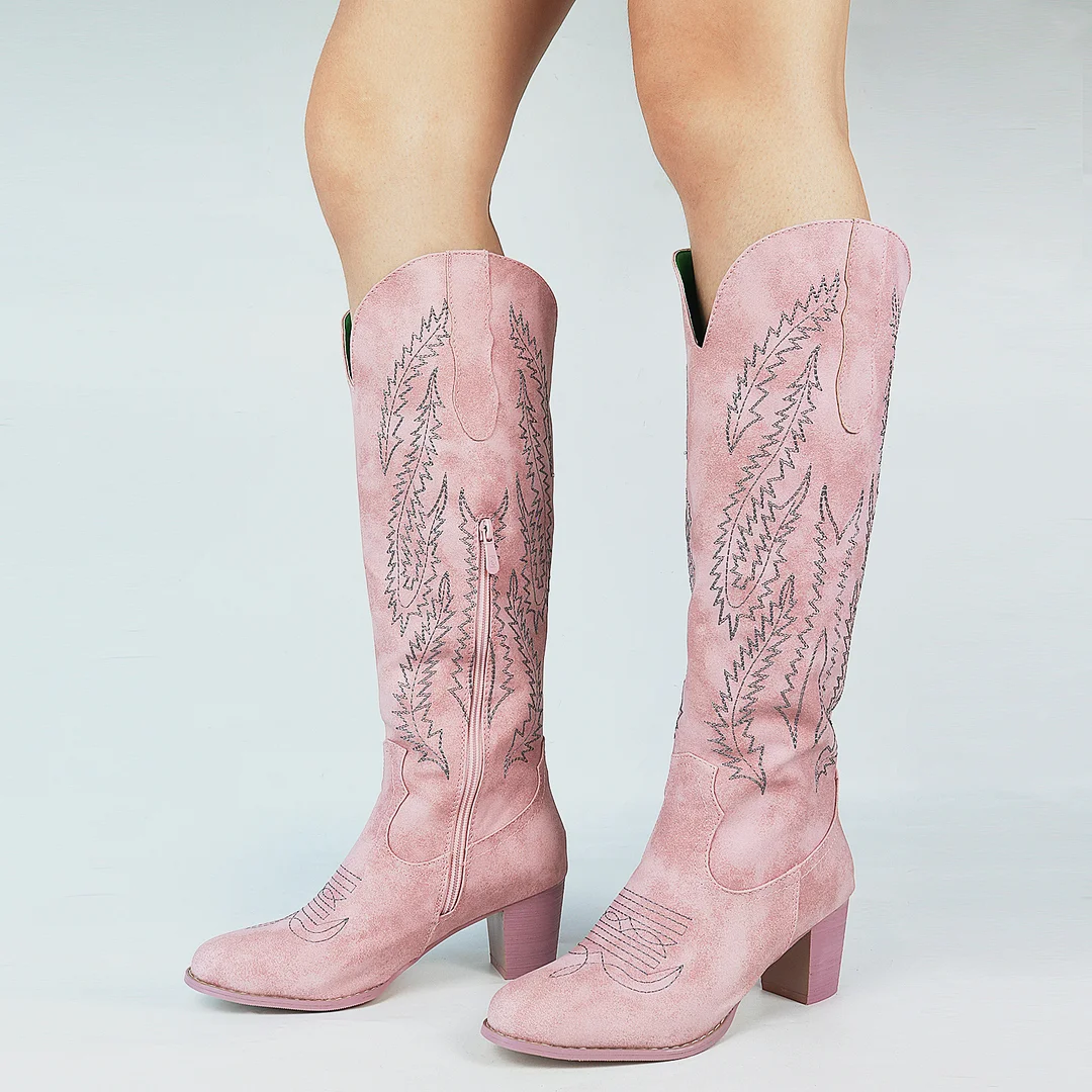 Qengg Brand Embroidery Mid Calf Boots Women Pink Cowboy Cowgirls Casual Western Boots Chunky Pointed Toe Shoes Woman Wholesale