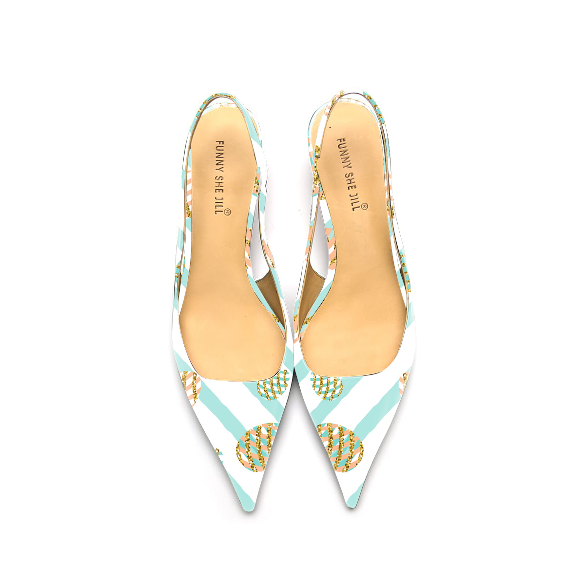 Blue & White Patent Leather Pointed Toe Kitten Heel Slingback Pumps Nicepairs
