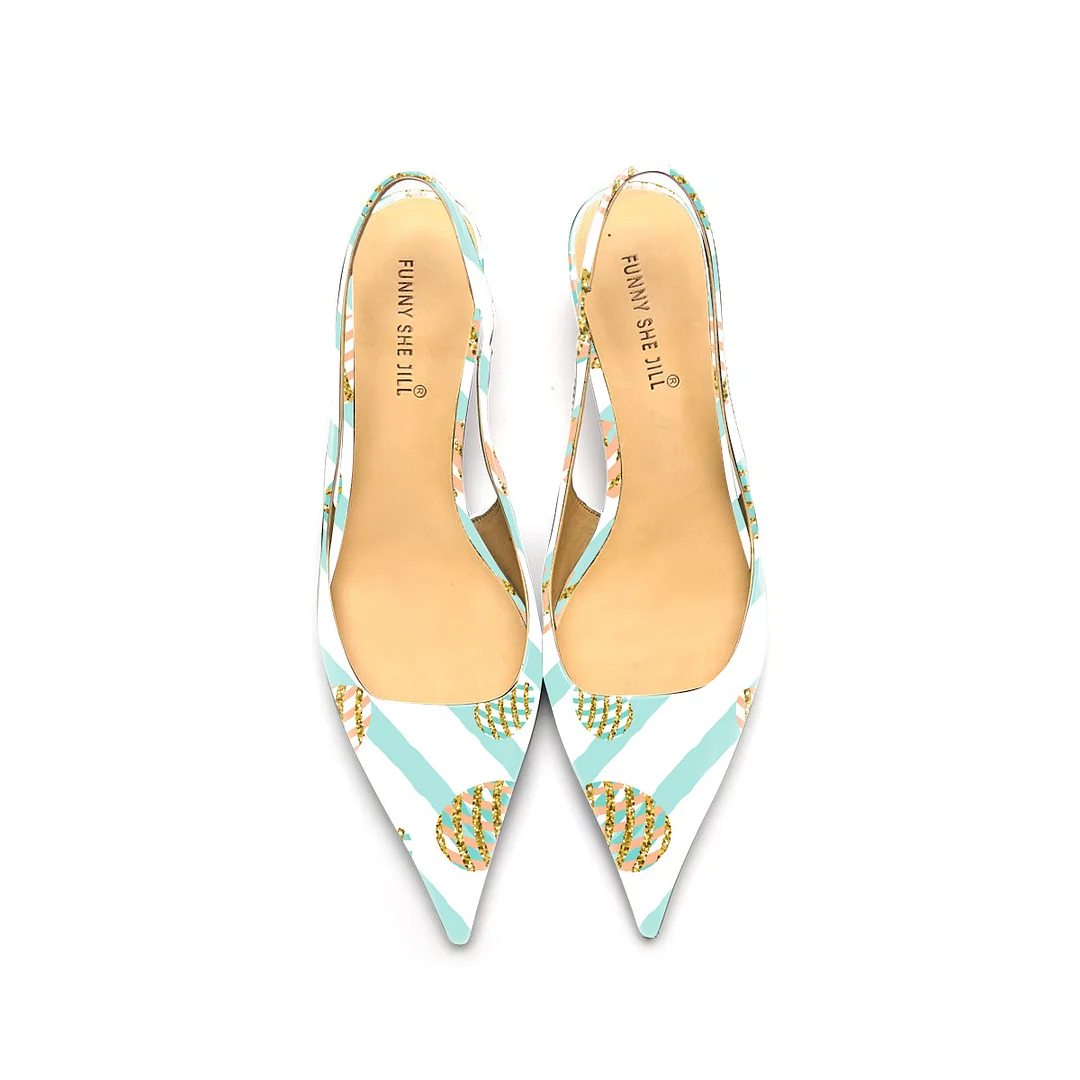 Blue And White Striped Cartoon Pattern Patent Leather Pointed Toe Elegant Kitten Heel Slingback Dress Pump Shoes