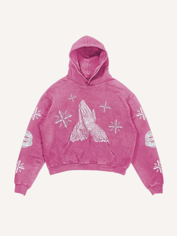 Thesouth Mary&Letter Pray Faux Rhinestones Print Slant Pockets Hoodie