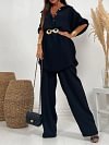 Womens Solid Color Long Sleeve Lapel Long Sleeve Shirt With Pants Set