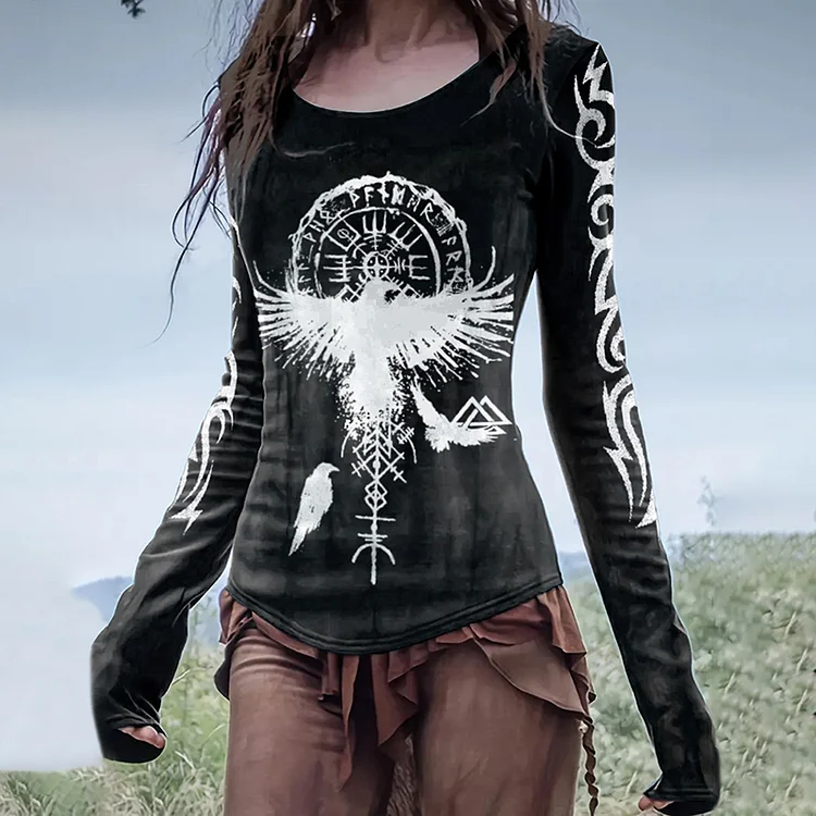 Retro Vintage Viking Eagle Graphics Long-Sleeved T-Shirt