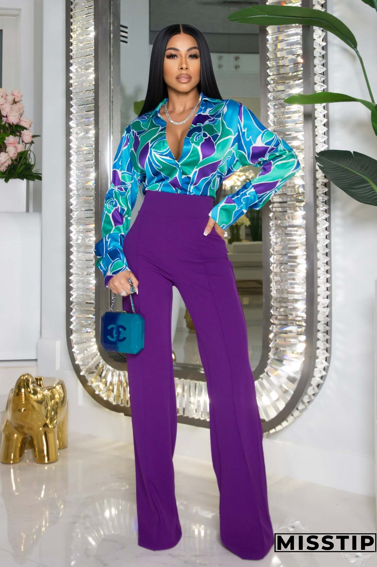 Women Chic printed long-sleeved shirt and wide-leg trousers Casual two-piece set