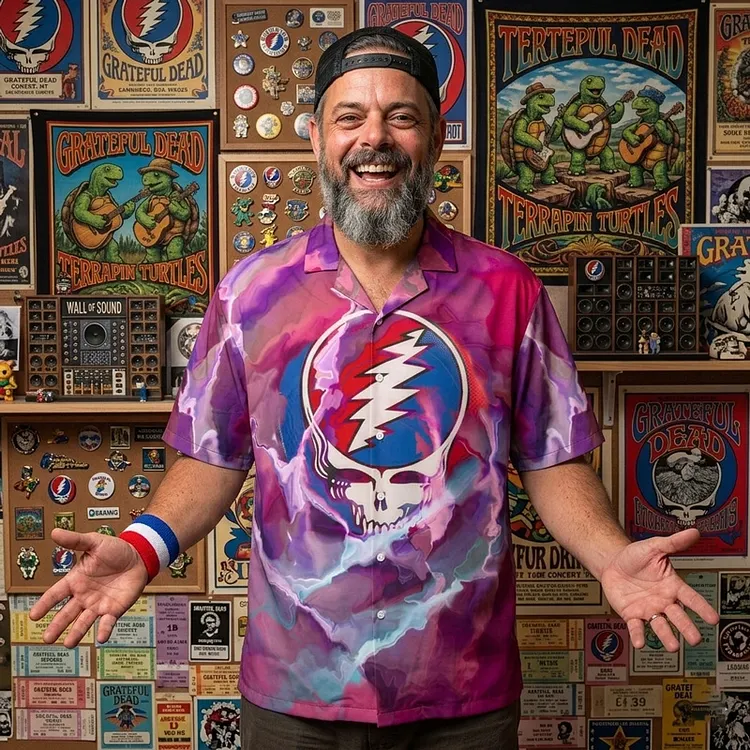 Vintage Grateful Dead Skull & Bear &Terrapin Graphic Cuban Collar Short Sleeve Shirt &ndash; Unisex Retro Cotton Top