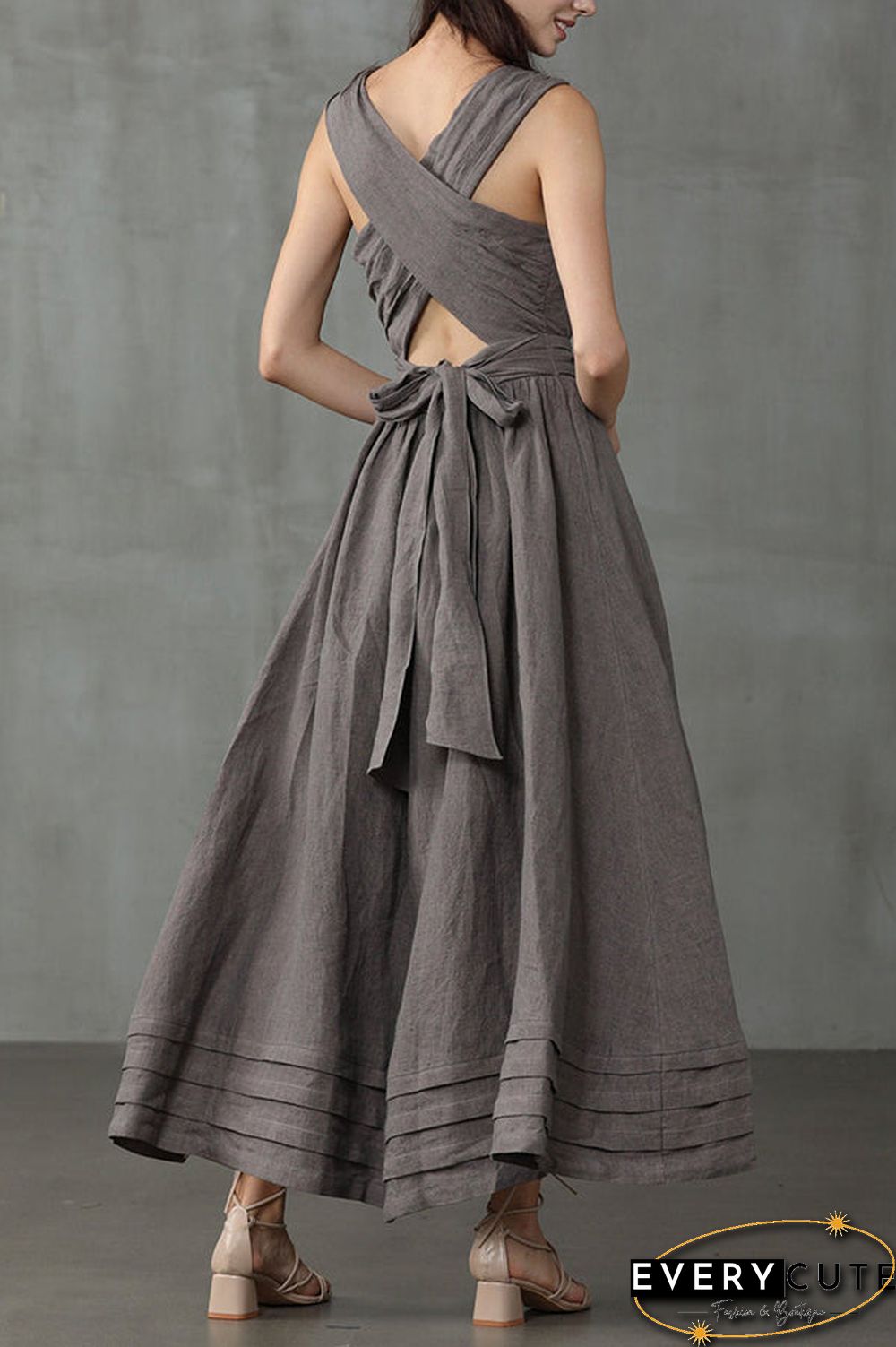 Cross Back O Neck Maxi Linen Dress