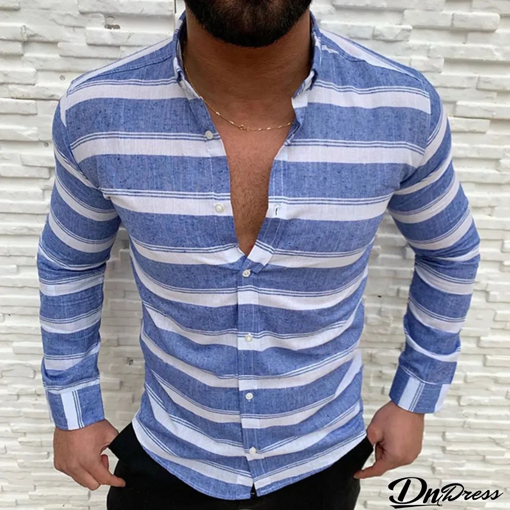 Blue Casual Striped Print Split Joint Buckle Turndown Collar Tops