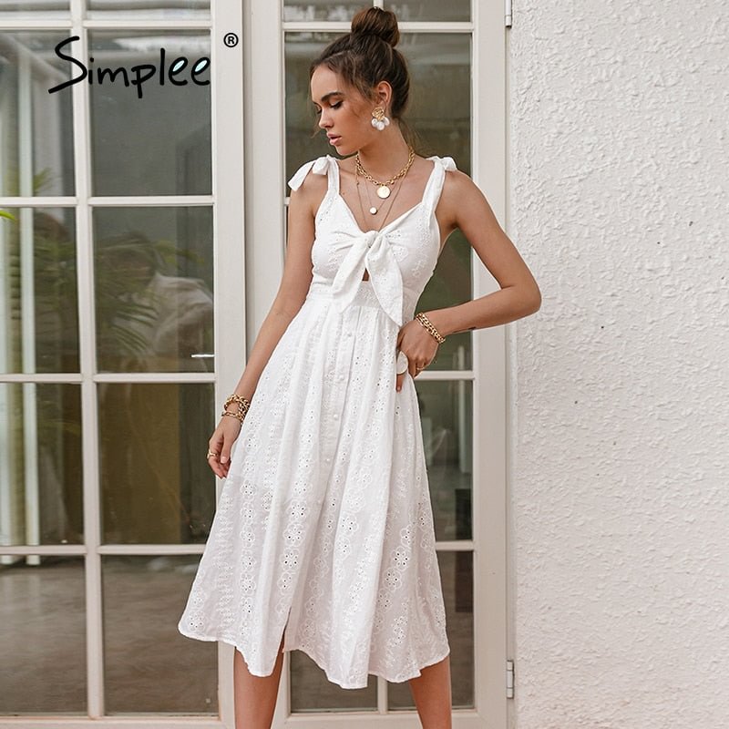 Simplee Sleeveless cotton embroidered V-neck dress White High Waist Mid-length A-line Dress Casual Women's summer holiday dress