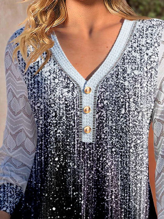 Women Long Sleeve V-neck Polka Dot Printed Graphic Lace Button Tops