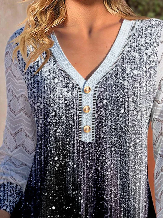 Women Long Sleeve V-neck Polka Dot Printed Graphic Lace Button Tops