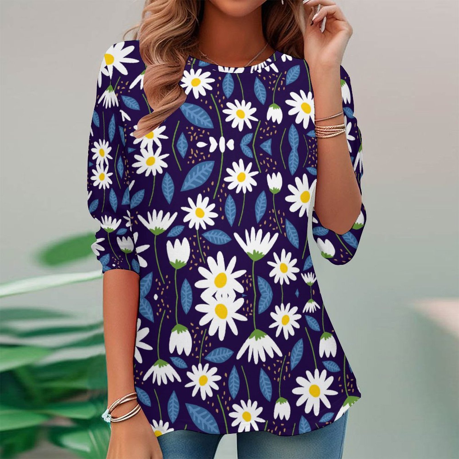 Women Long Sleeve V-neck Graphic Floral Printed Top