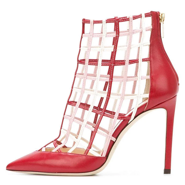 Red Caged Stiletto Heels Ankle Boots Summer Boots |FSJ Shoes