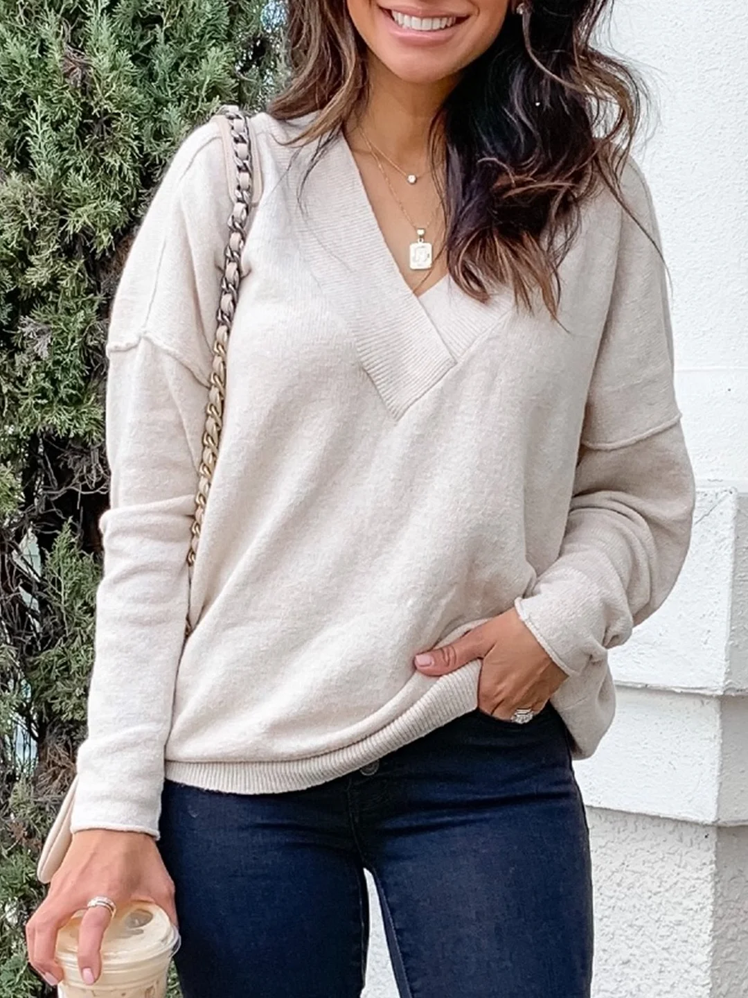Vintage Autumn Wool/Knitting V neck Daily Vintage Long sleeve Loose Sweater for Women
