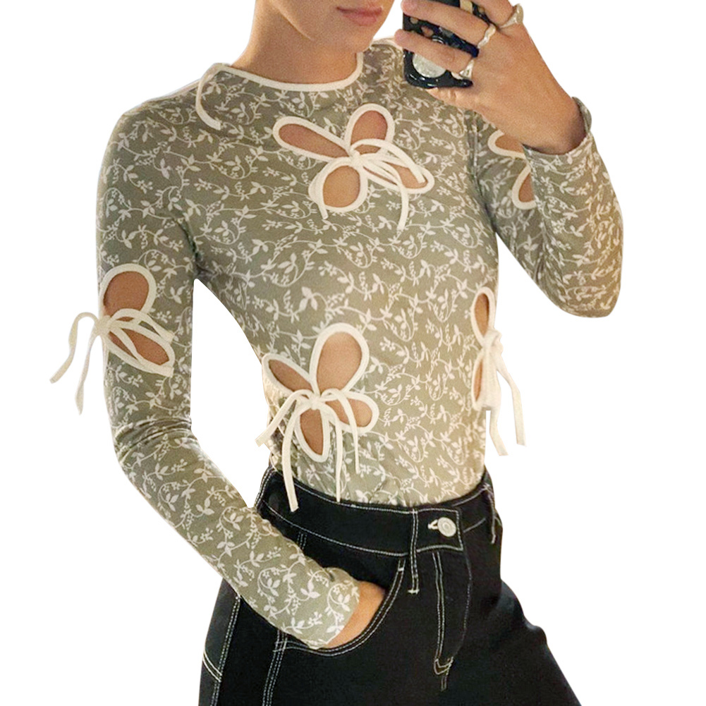 

Women Fashion Floral Print T-shirt Tops Long Sleeve Hollow Tie Jumper, Green, 501 Original