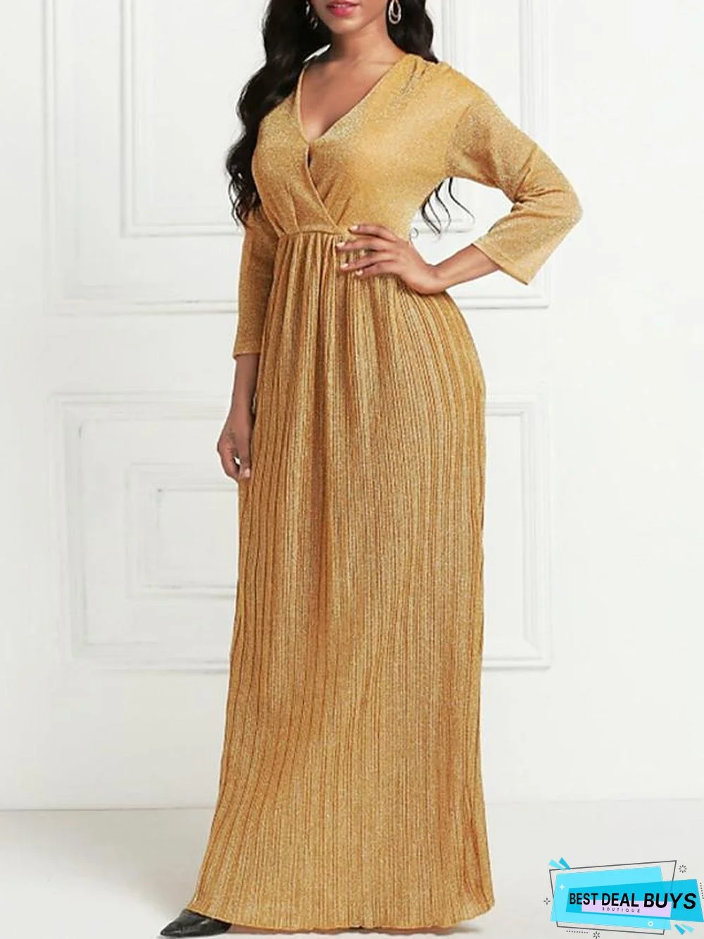 Women's Maxi Long Dress 3/4 Length Sleeve Pleated Summer Hot Formal Gold