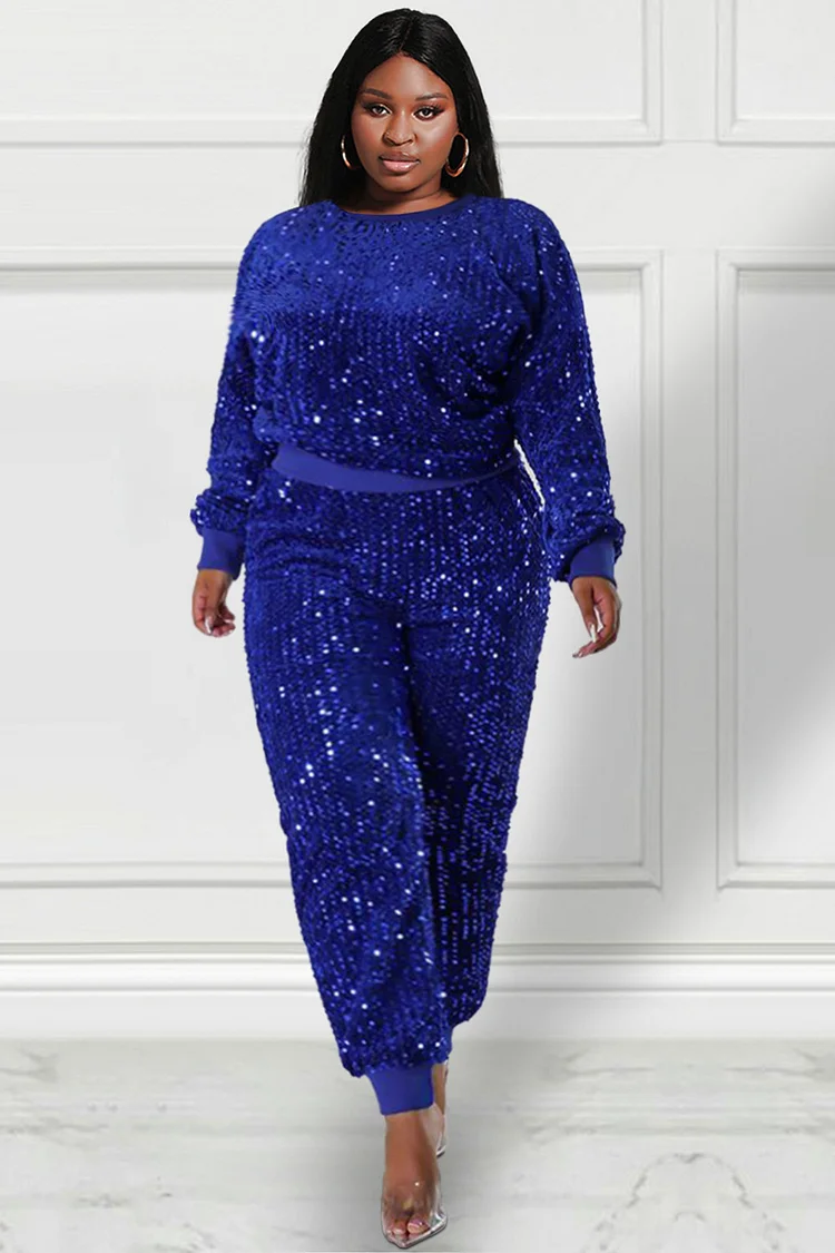 Plus Size Party Pant Sets Sporty Royal Blue Long Fall Winter Crew Neck Long Sleeve Sequin Two Piece Pant Sets [Pre-Order]