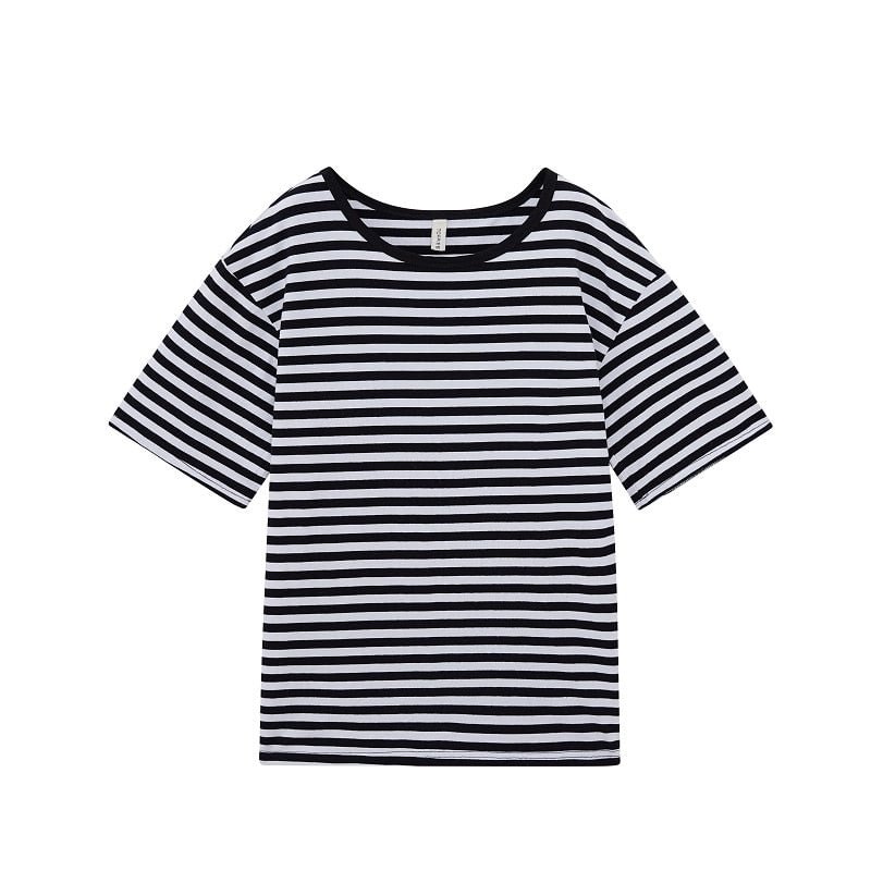 Toppies Casual Oversized  Striped T-shirts Round Neck Vintage Basic Tops Tees Woman Short Sleeve T-shirts Summer 2021