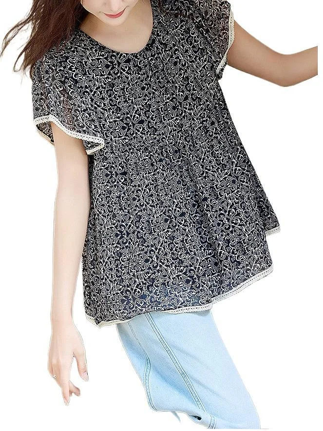 Athvotar Athvotar The Age Of Small Broken Flowers Leaves Side Short Sleeve Dolls Holiday Chindal Shirt Women Summer Belly Cover Tops High-End Shirt