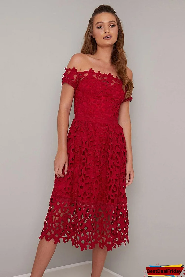 BestDealFriday Red Off Shoulder Short Sleeve Crochet Prom Dress P1481571
